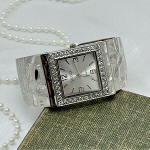 Silver Cuff Watch with Square Diamanté Dial